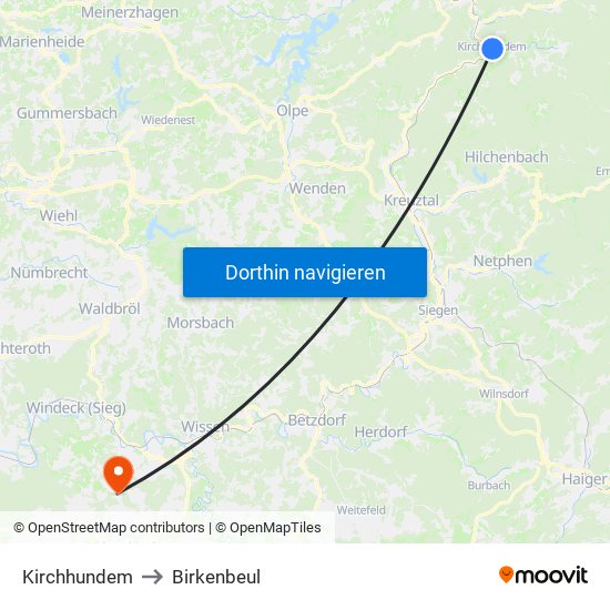 Kirchhundem to Birkenbeul map