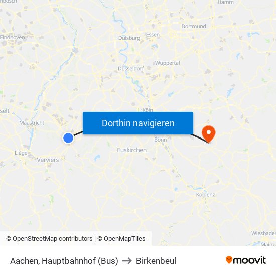 Aachen, Hauptbahnhof (Bus) to Birkenbeul map