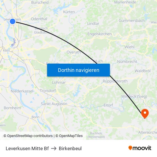 Leverkusen Mitte Bf to Birkenbeul map