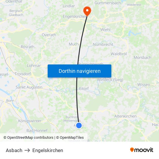 Asbach to Engelskirchen map
