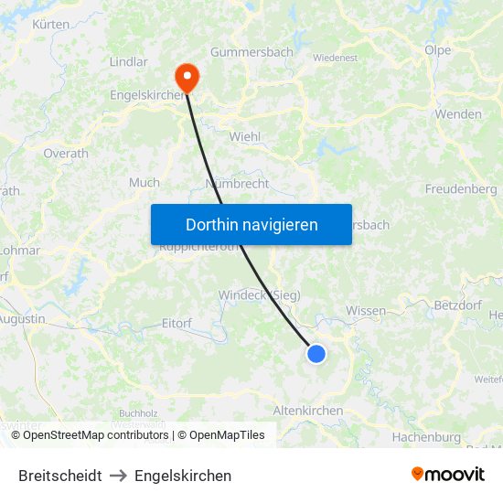 Breitscheidt to Engelskirchen map