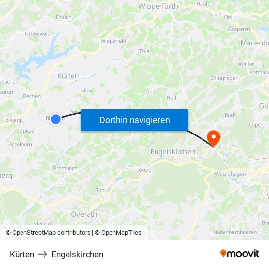 Kürten to Engelskirchen map