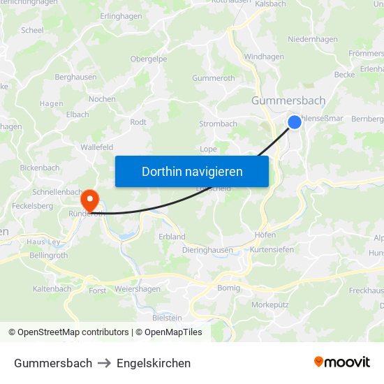 Gummersbach to Engelskirchen map
