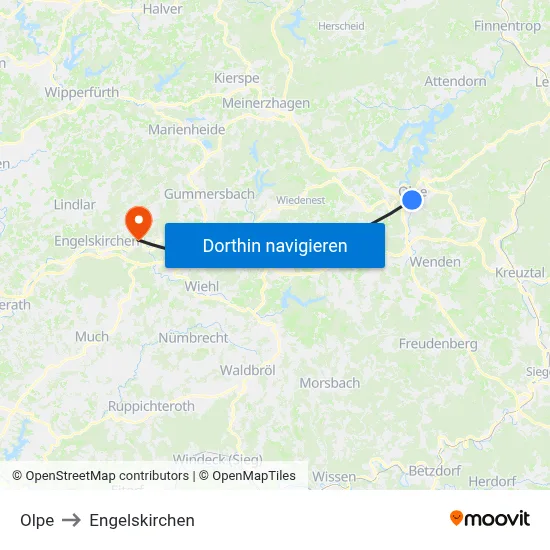 Olpe to Engelskirchen map