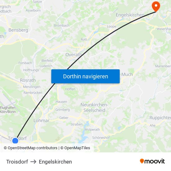 Troisdorf to Engelskirchen map
