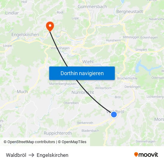 Waldbröl to Engelskirchen map