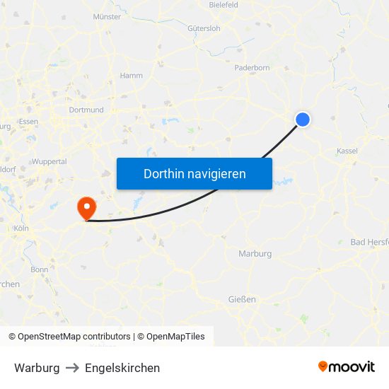 Warburg to Engelskirchen map