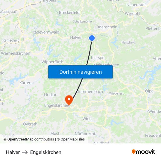 Halver to Engelskirchen map