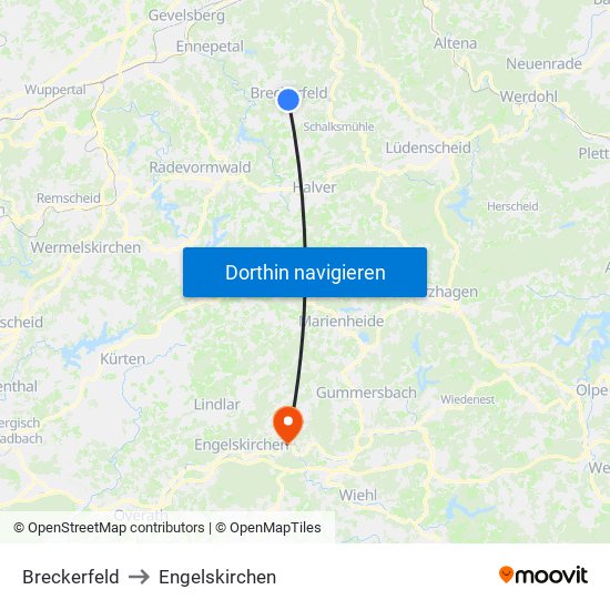 Breckerfeld to Engelskirchen map