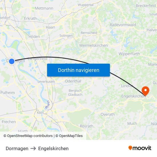 Dormagen to Engelskirchen map