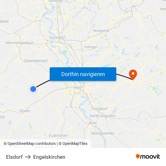 Elsdorf to Engelskirchen map