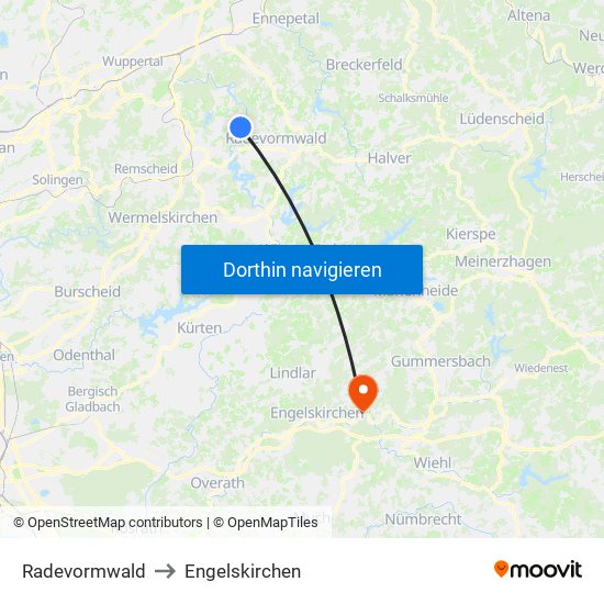 Radevormwald to Engelskirchen map