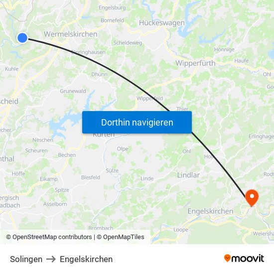 Solingen to Engelskirchen map