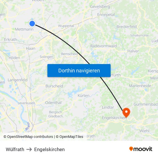Wülfrath to Engelskirchen map