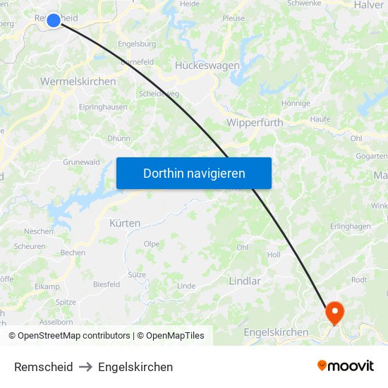 Remscheid to Engelskirchen map