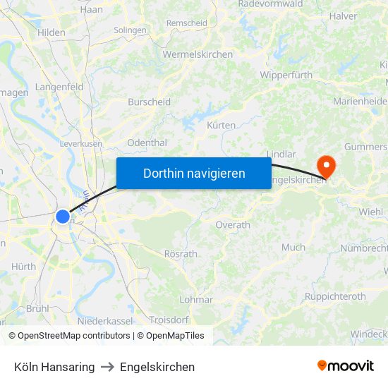 Köln Hansaring to Engelskirchen map