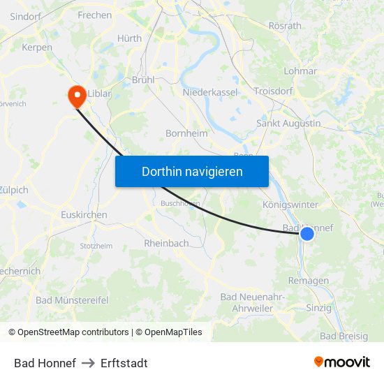 Bad Honnef to Erftstadt map