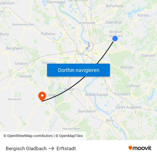 Bergisch Gladbach to Erftstadt map