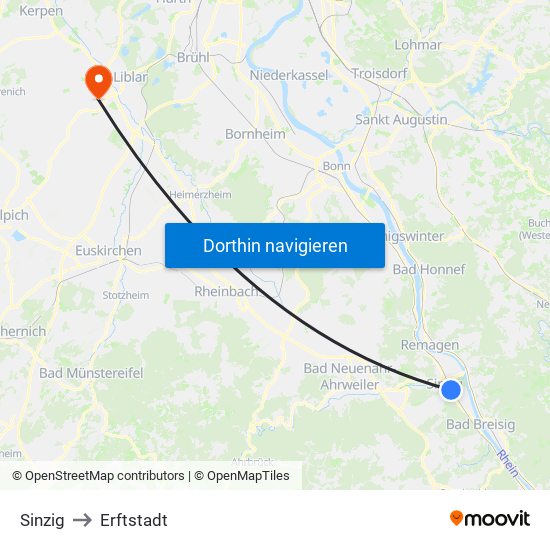 Sinzig to Erftstadt map