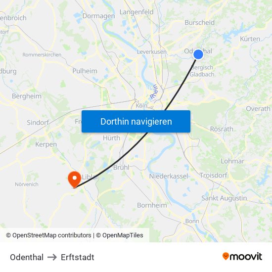 Odenthal to Erftstadt map