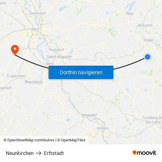 Neunkirchen to Erftstadt map