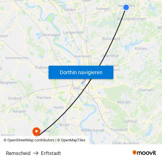 Remscheid to Erftstadt map