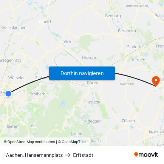 Aachen, Hansemannplatz to Erftstadt map