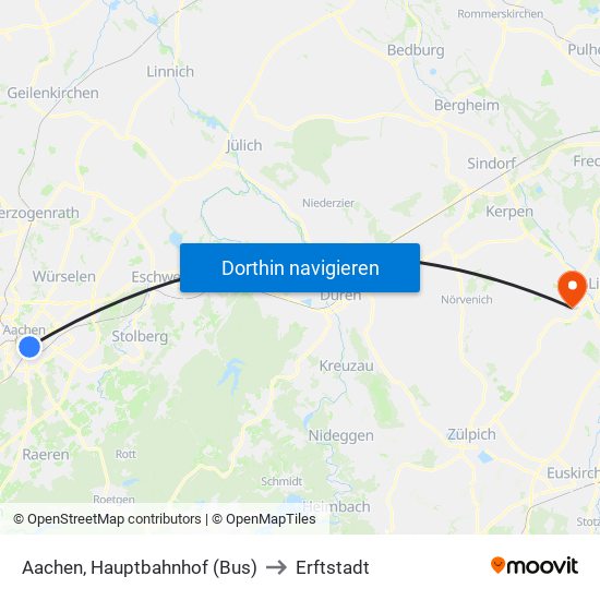 Aachen, Hauptbahnhof (Bus) to Erftstadt map