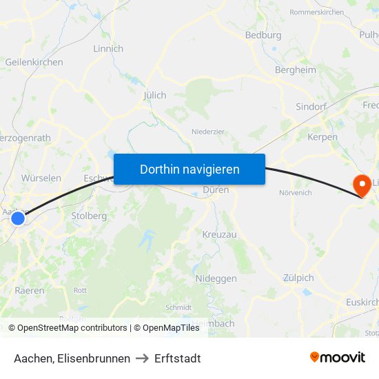 Aachen, Elisenbrunnen to Erftstadt map