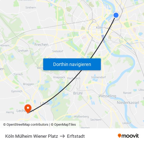 Köln Mülheim Wiener Platz to Erftstadt map