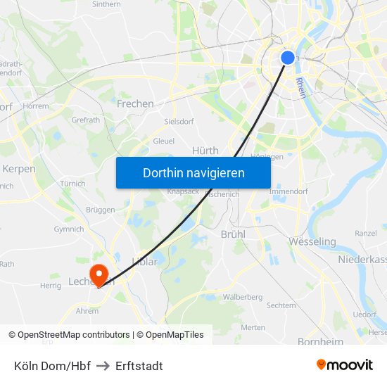 Köln Dom/Hbf to Erftstadt map