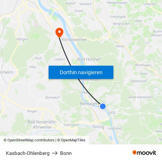 Kasbach-Ohlenberg to Bonn map