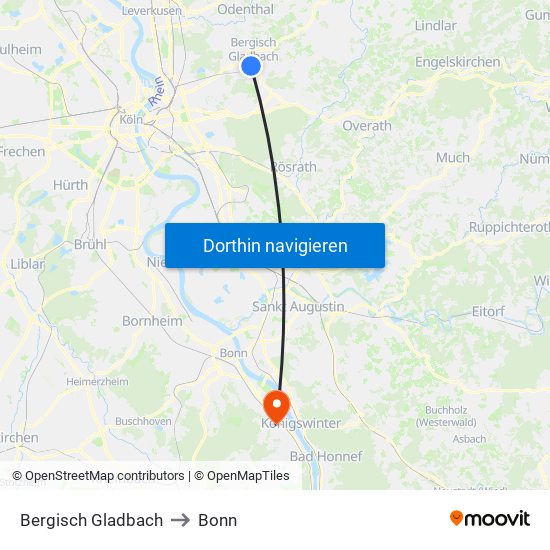 Bergisch Gladbach to Bonn map