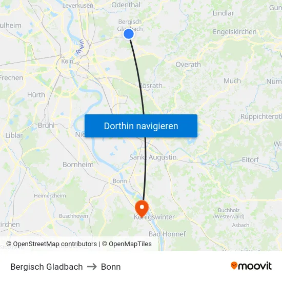 Bergisch Gladbach to Bonn map