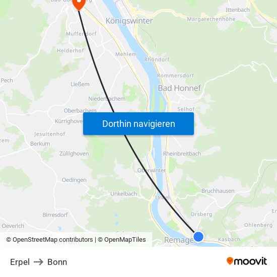Erpel to Bonn map