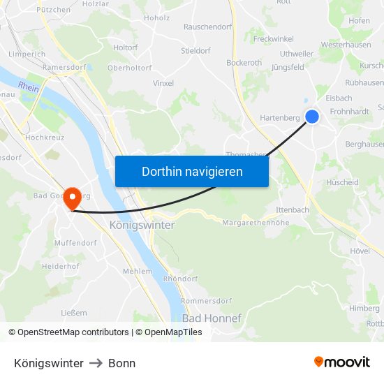 Königswinter to Bonn map
