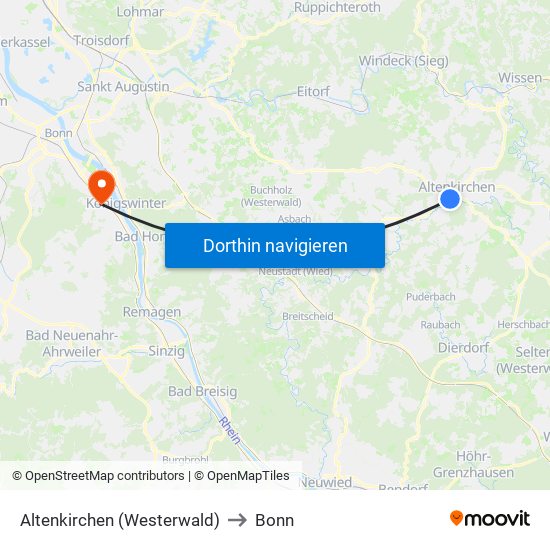 Altenkirchen (Westerwald) to Bonn map