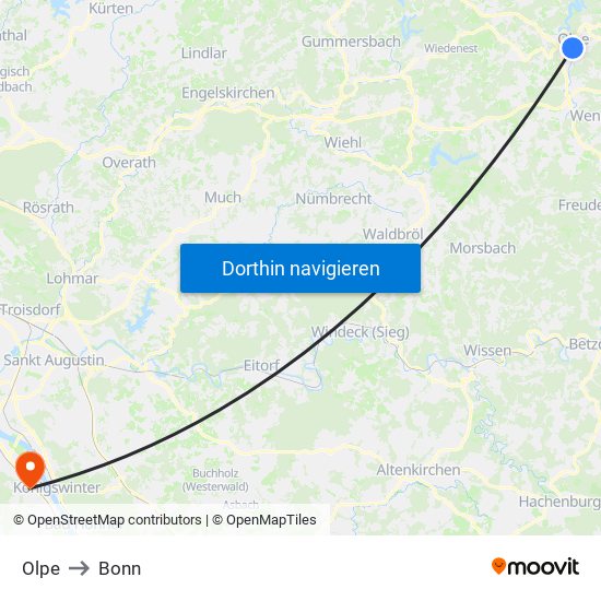 Olpe to Bonn map