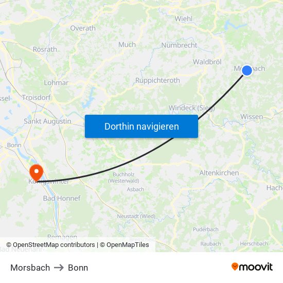 Morsbach to Bonn map