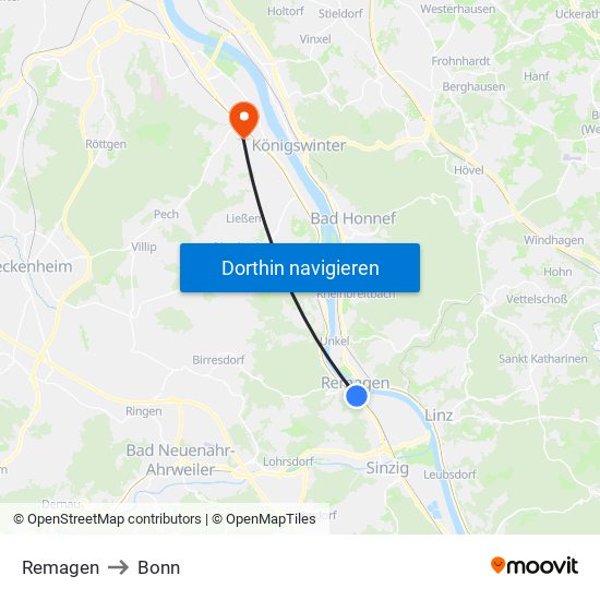 Remagen to Bonn map