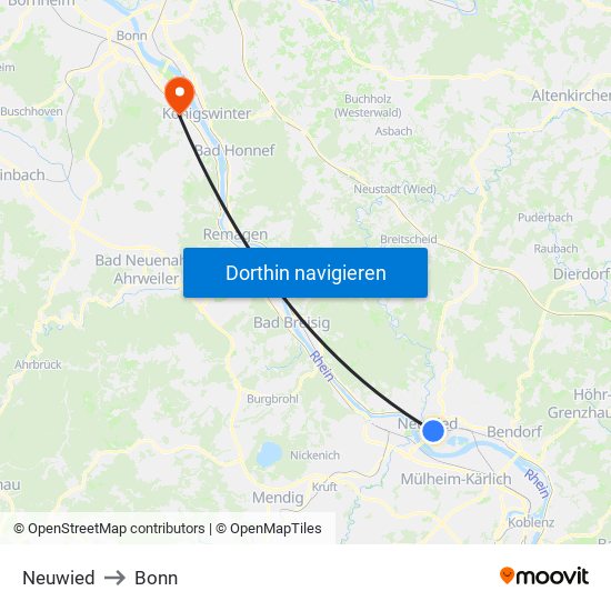Neuwied to Bonn map