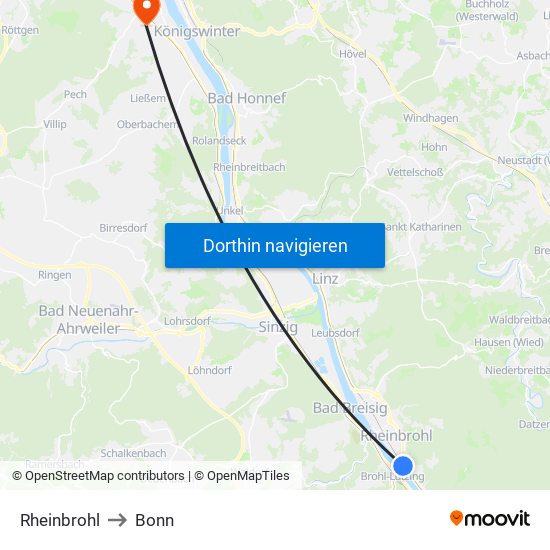 Rheinbrohl to Bonn map