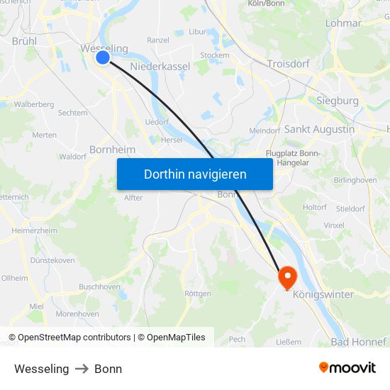 Wesseling to Bonn map