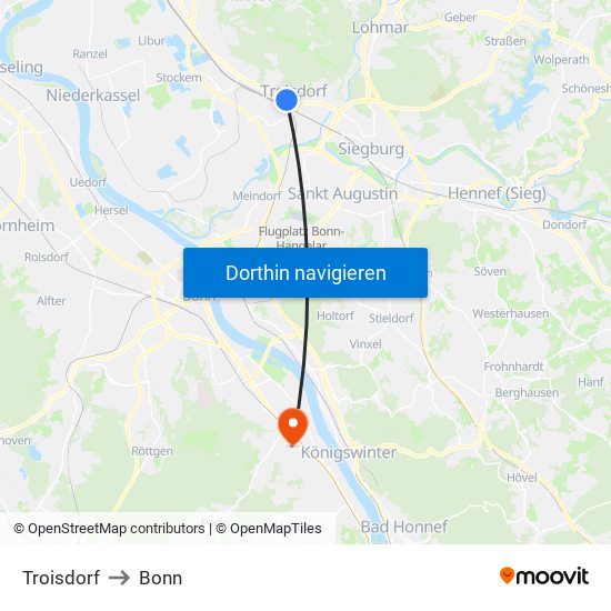 Troisdorf to Bonn map