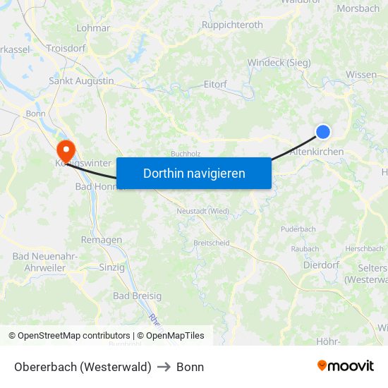 Obererbach (Westerwald) to Bonn map