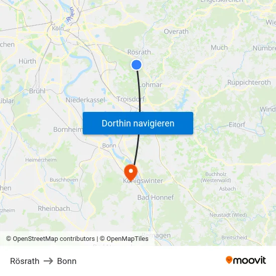 Rösrath to Bonn map