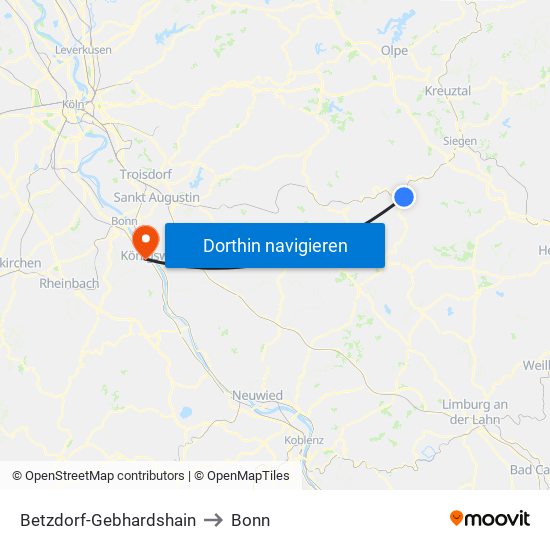 Betzdorf-Gebhardshain to Bonn map