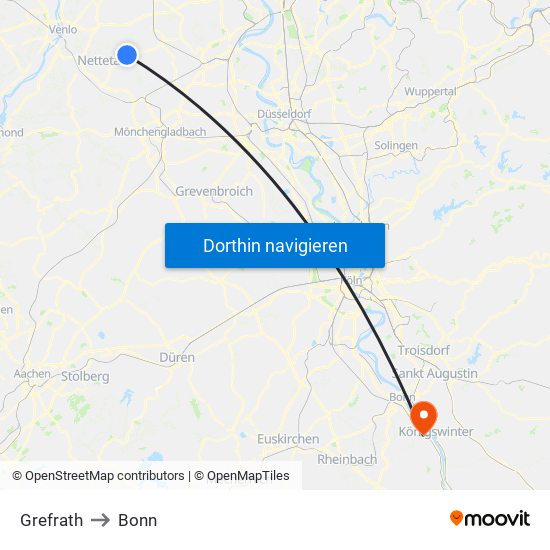 Grefrath to Bonn map