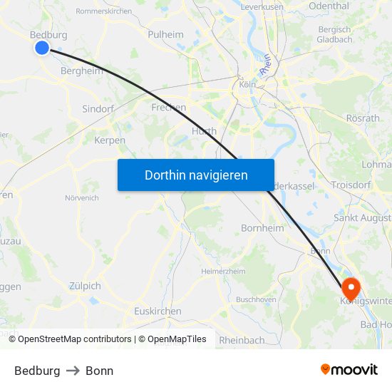 Bedburg to Bonn map