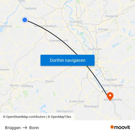 Brüggen to Bonn map